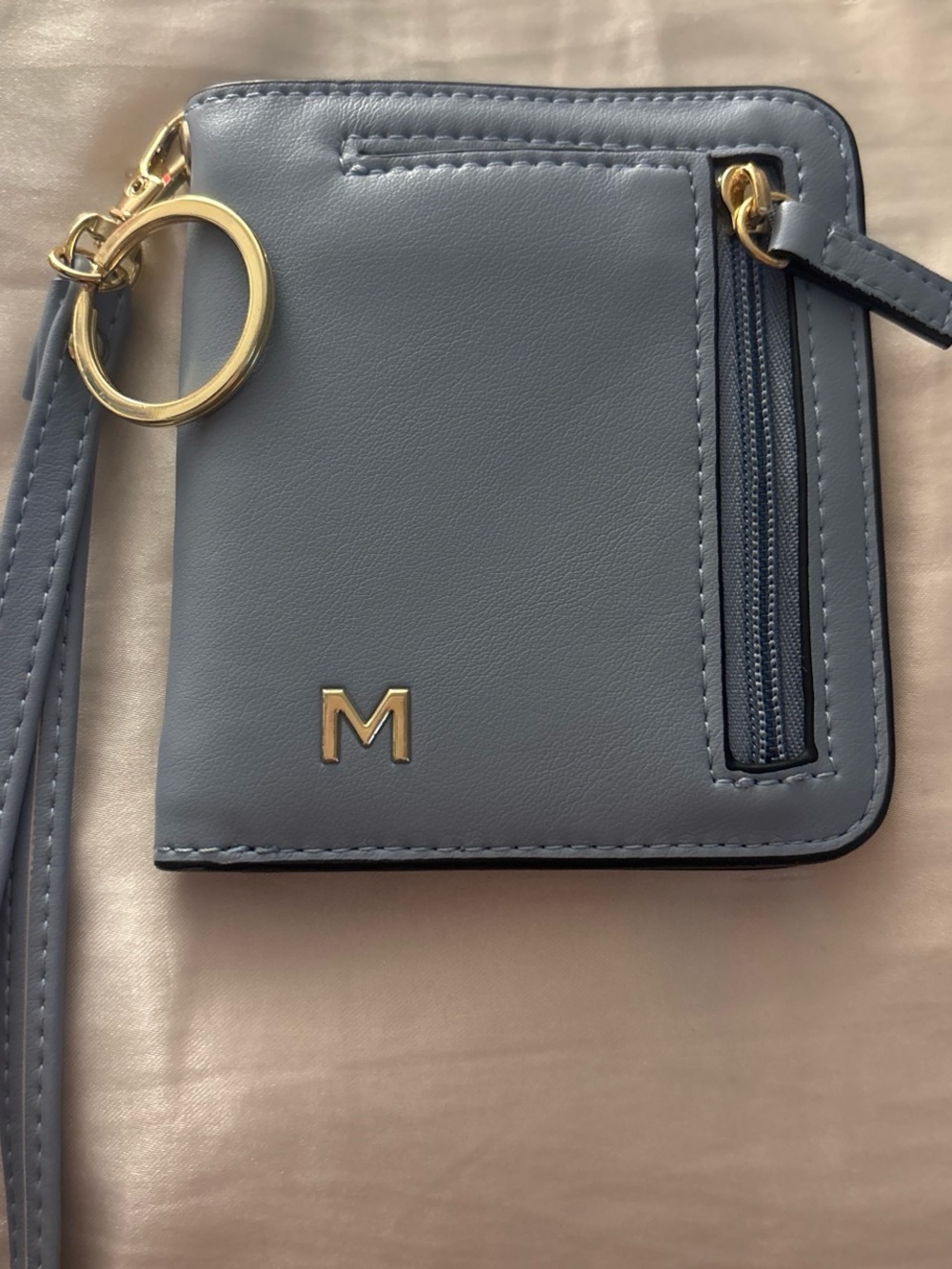 M Initial Slate Blue Zip Card Holder with Wrist Strap